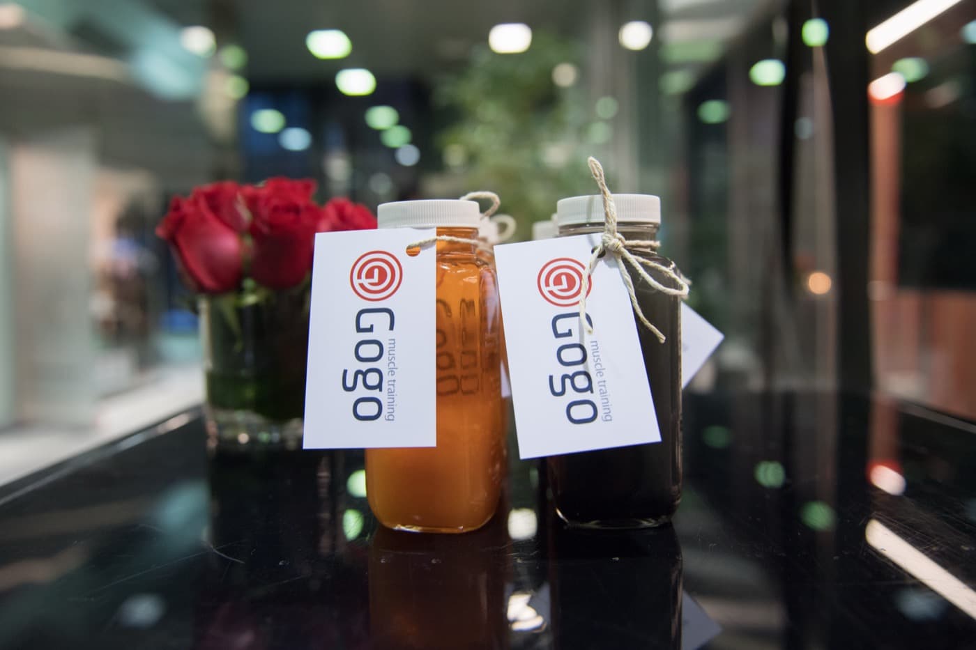 GoGo-branded cold-pressed refreshments at the studio